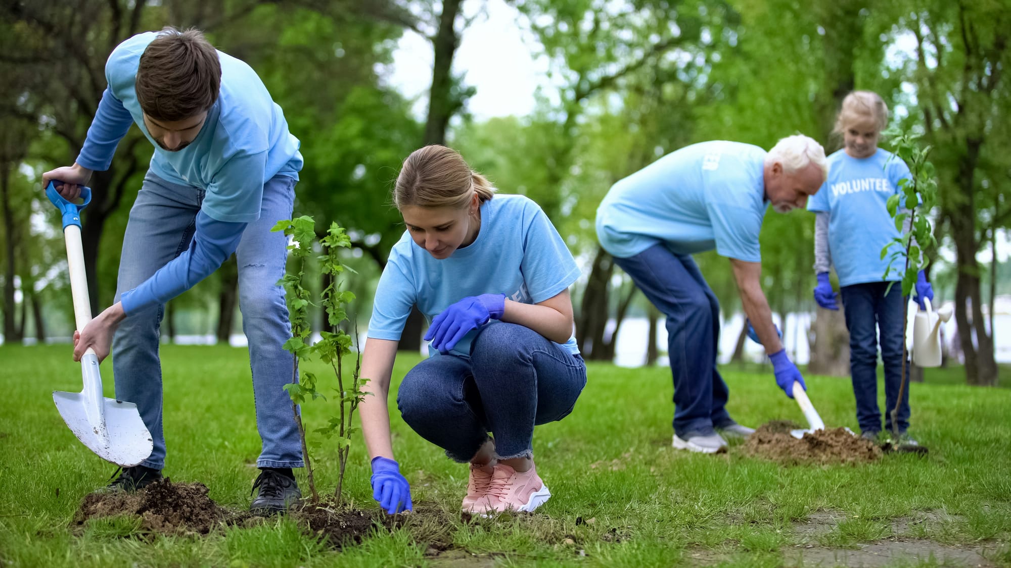 People aged child to senior work to plant trees, wearing T-shirts labeled "Volunteer."