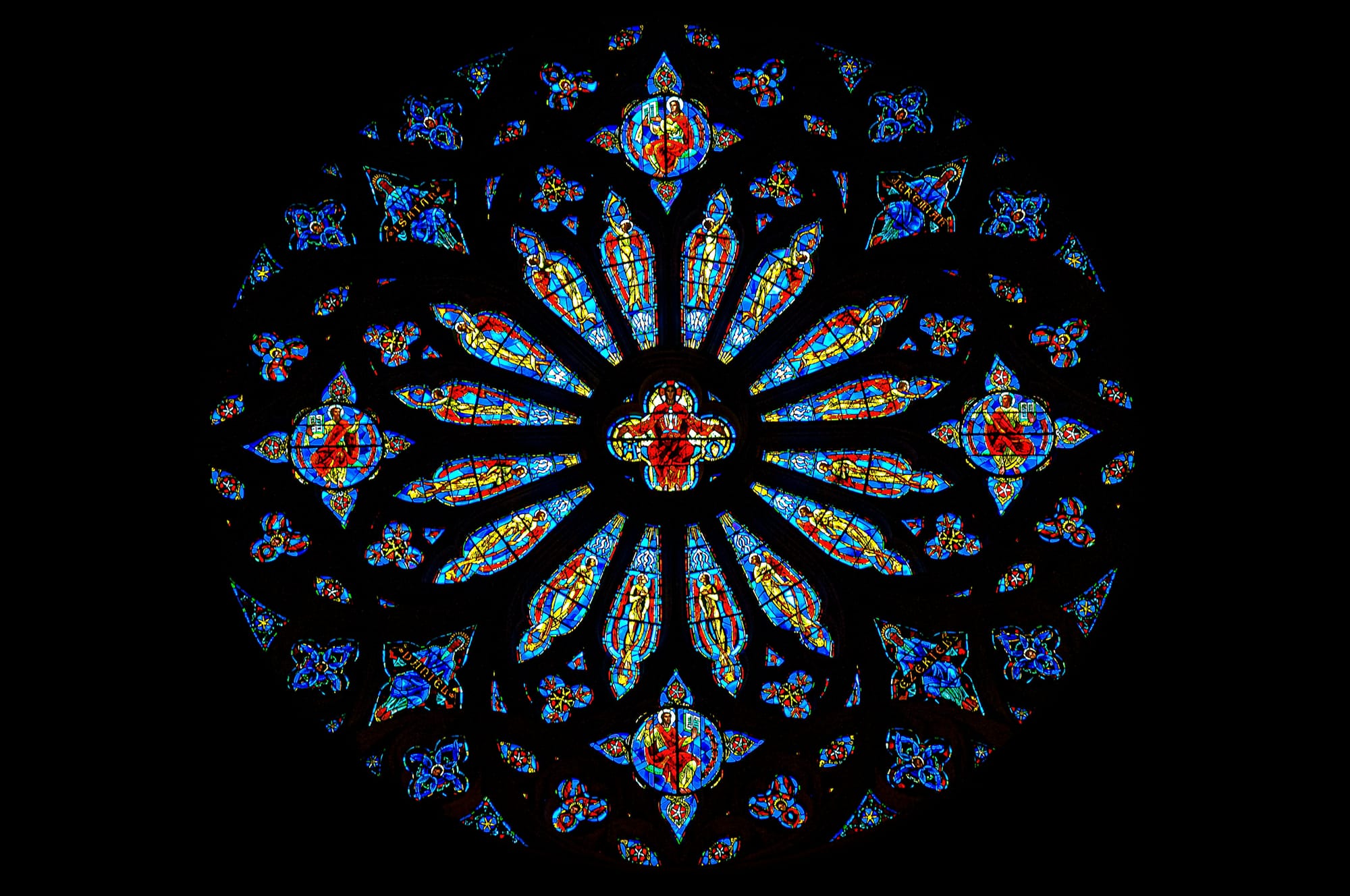 A stained glass window at the Episcopal cathedral church of St. John the Divine in New York City.