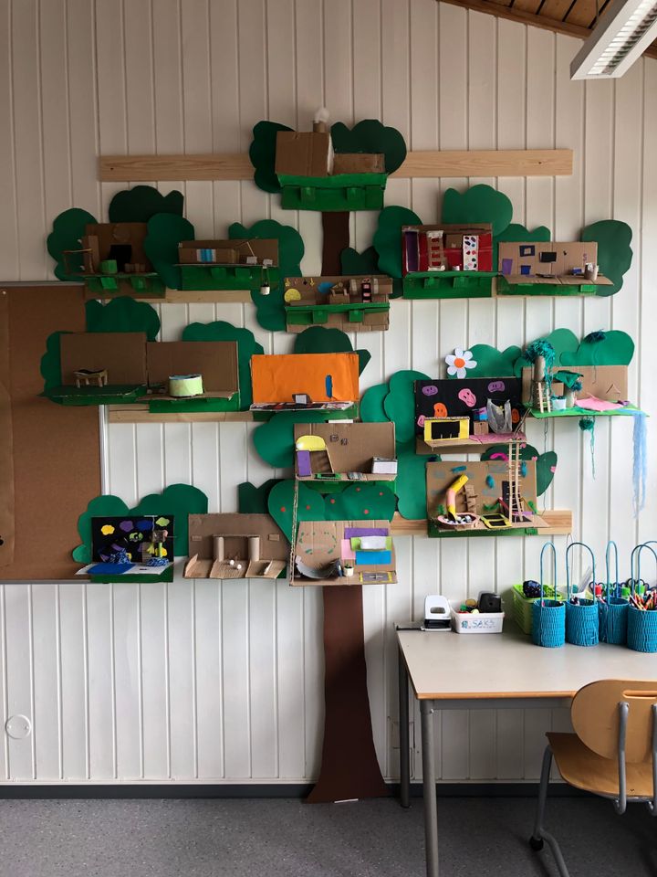School art project inspired by "The 13-Story Treehouse." 