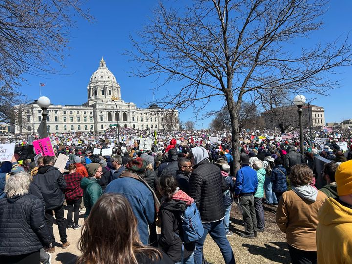 Part of crowd at St. Paul, Minnesota, "Hands Off" march, April 5, 2025. The capitol building is in the background.