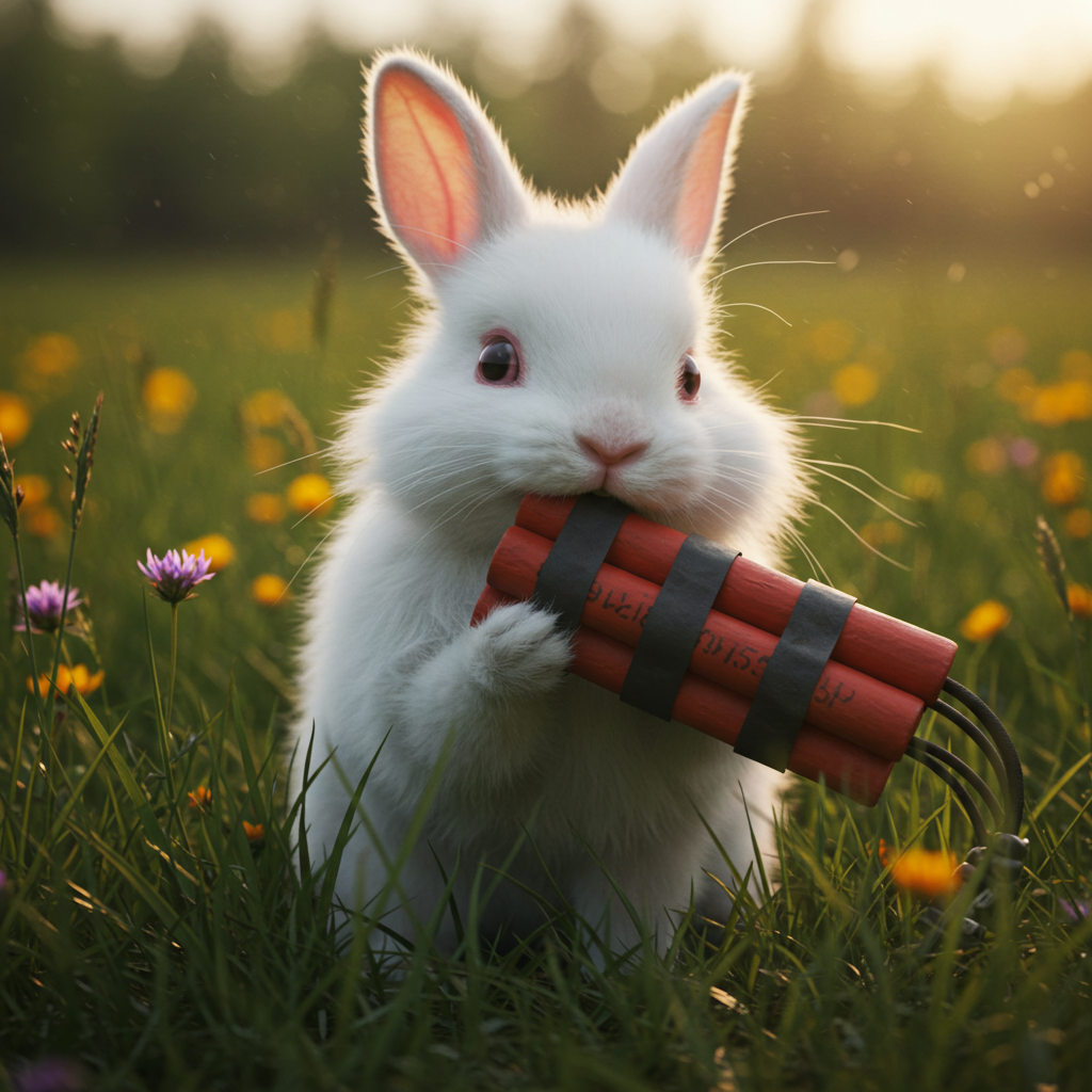 An AI generated image of a bunny chewing on dynamite