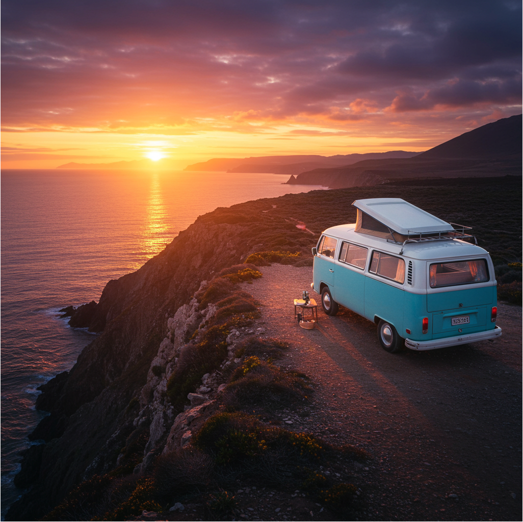 Image of a VW Campervan overlooking a scenic vista