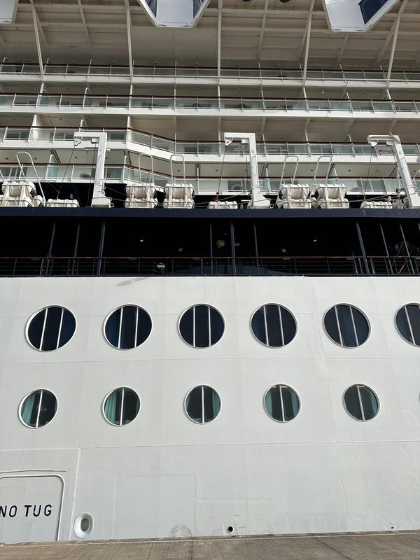 The side of a cruise ship with portholes