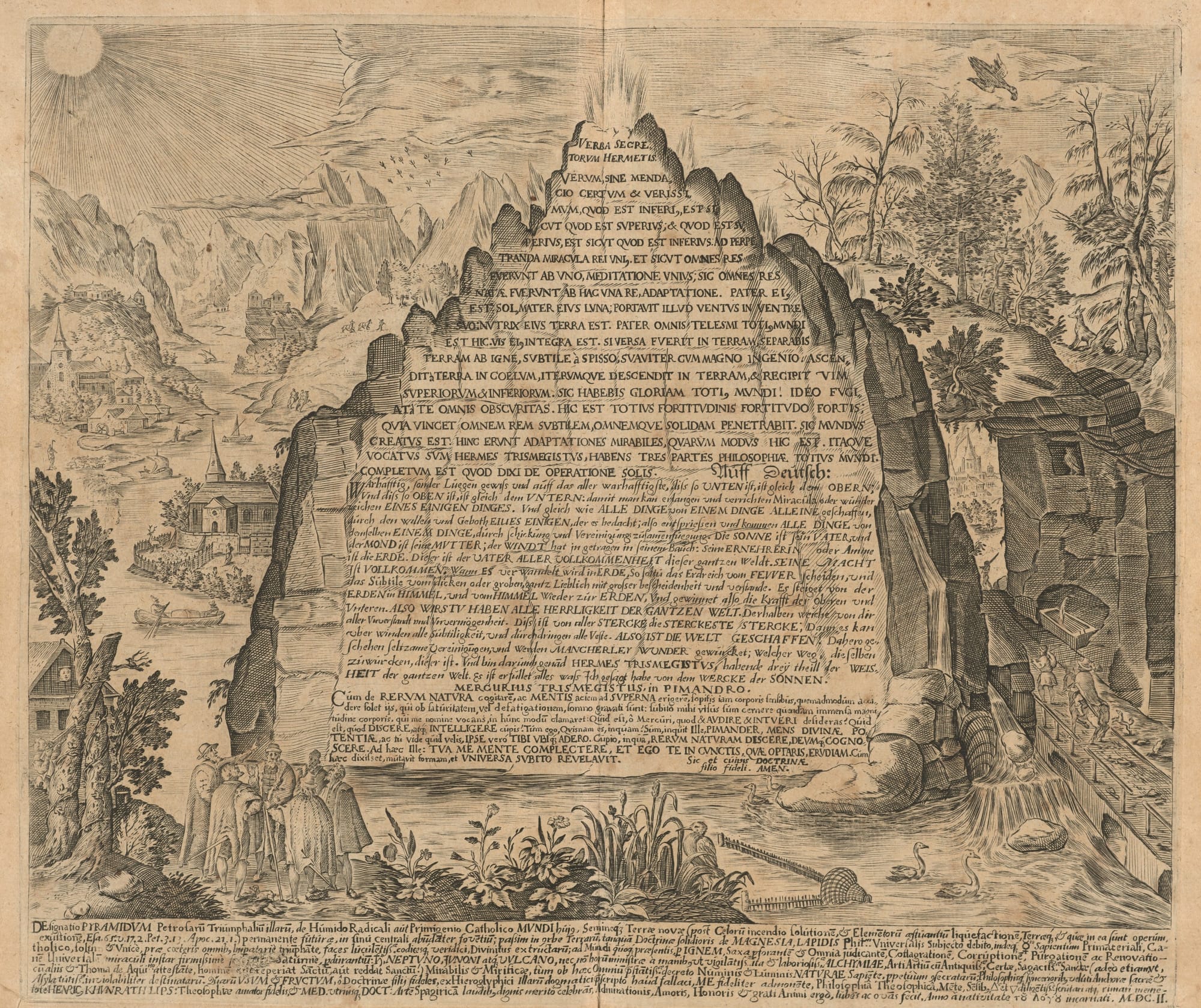 A 17th century interpretation of the Emerald Tablet, a foundational Hermetic text. Its Latin version contains the words: Sic mundus creatus est. Thus was the world created.