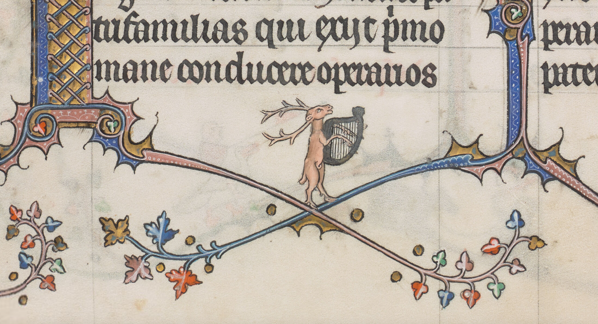 Drollery of a stag playing the harp