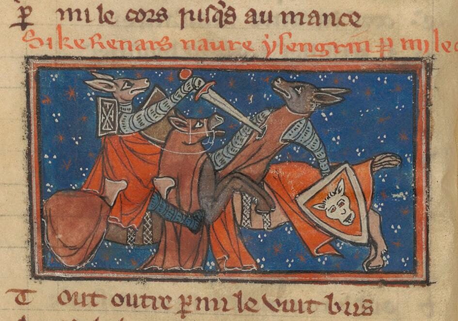 Miniature of the fox Reynard stabbing the wolf Isengrim with a sword, both of them in knight's attire and on horseback