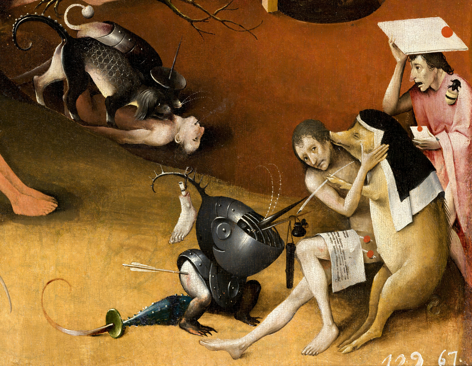 A small demon with the head of a bird, its beak emerging from a giant black helmet, looking at a person who seems to be fighting off a pig wearing a nun's headwear