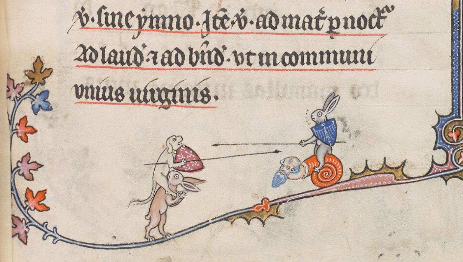 Drollery of a jousting dog and rabbit riding on a snail with the face of a bearded old man