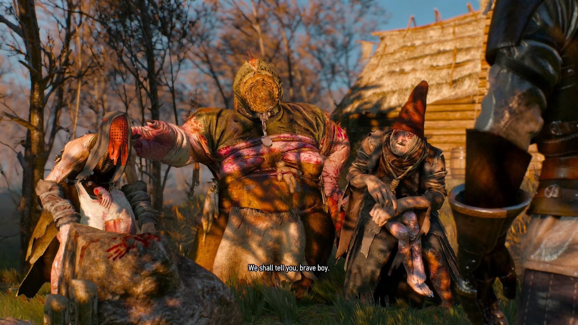 The three crones in dialogue with the witcher