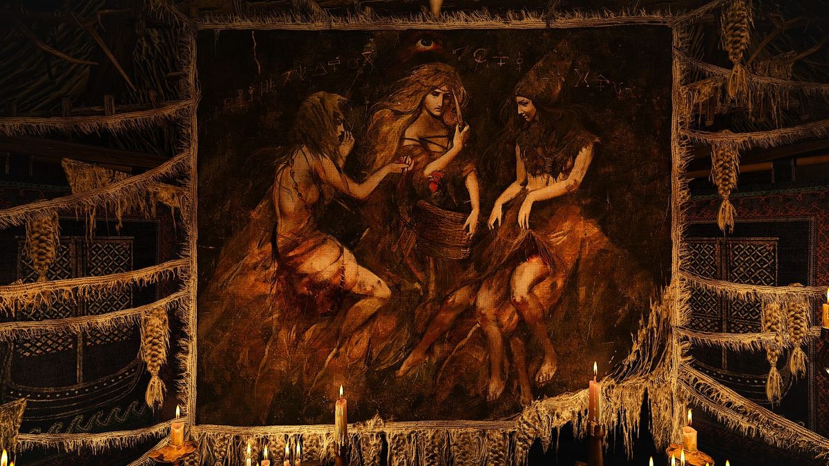 A tapestry depicting three witches gathered around a basket with a black cock