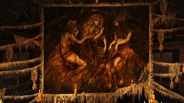 A tapestry depicting three witches gathered around a basket with a black cock