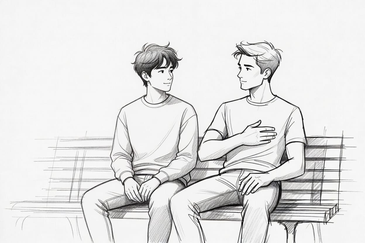 two young men sitting on a park bench