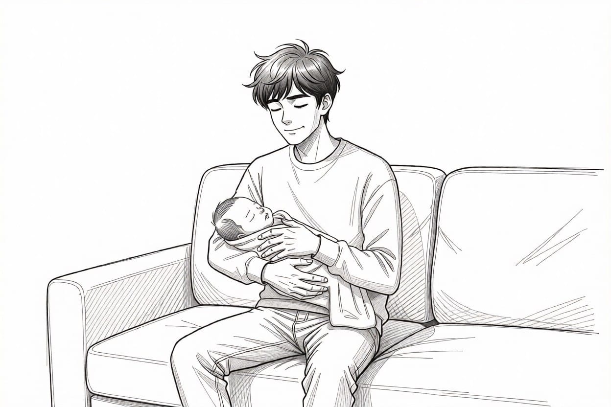 young man sitting on a couch holding a baby