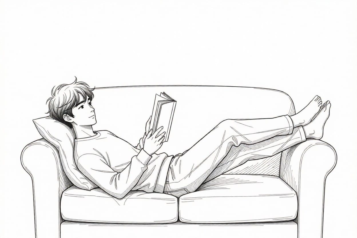 young man laying back on a couch reading a book