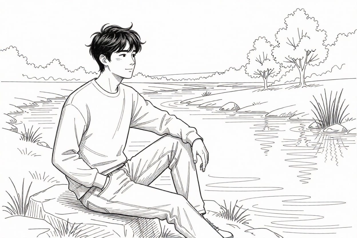 young man sitting on a rock by a river