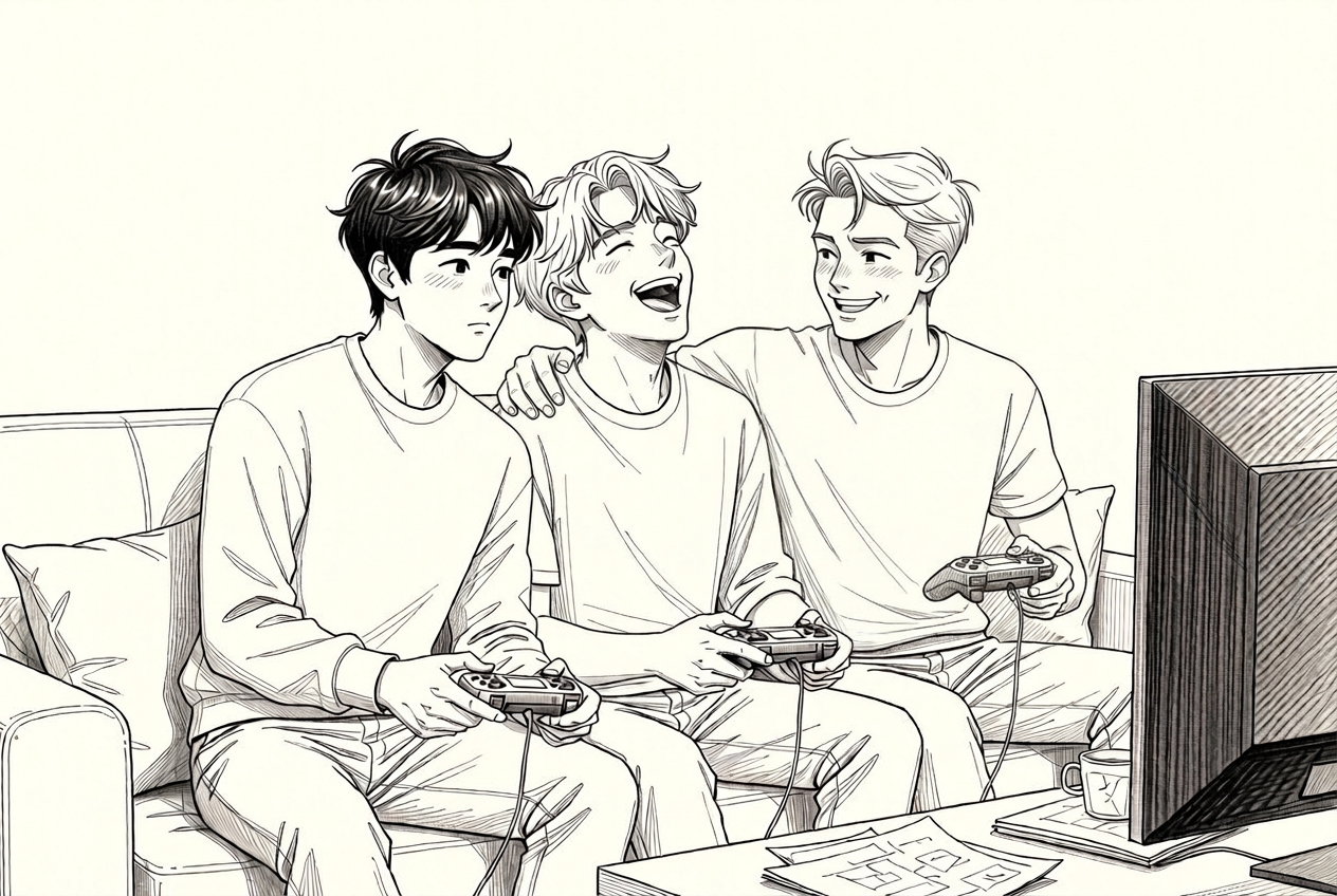 three friends playing video games