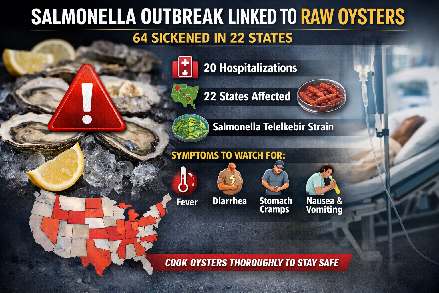 Salmonella Outbreak Linked to Raw Oysters Sickens 64 People in 22 States