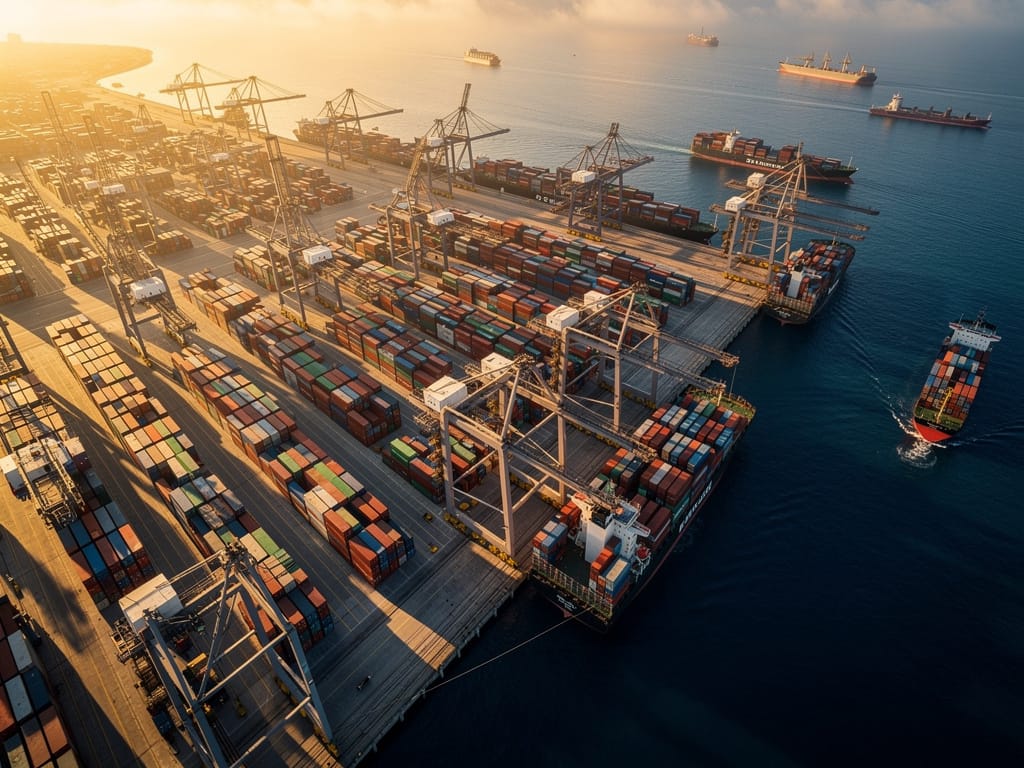 Aerial satellite view of a busy industrial shipping port