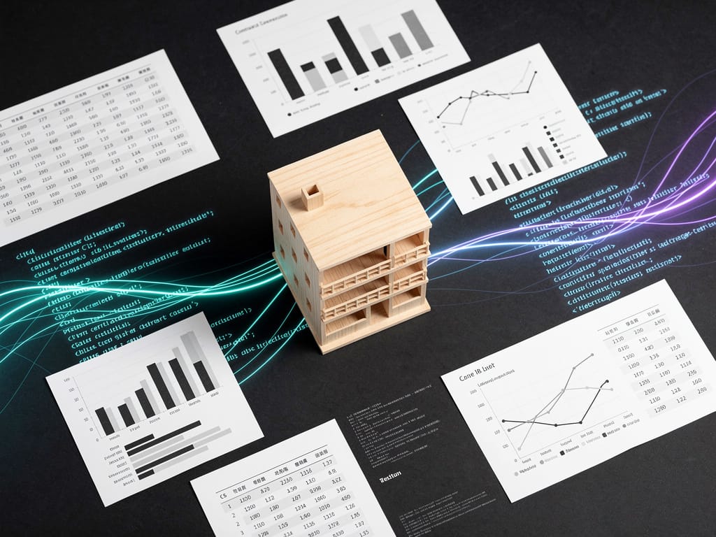 A miniature apartment building model surrounded by data charts and code