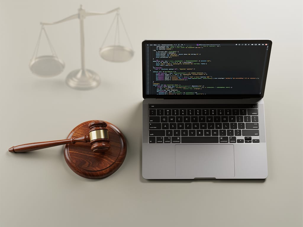 A judge's gavel next to a laptop showing computer code