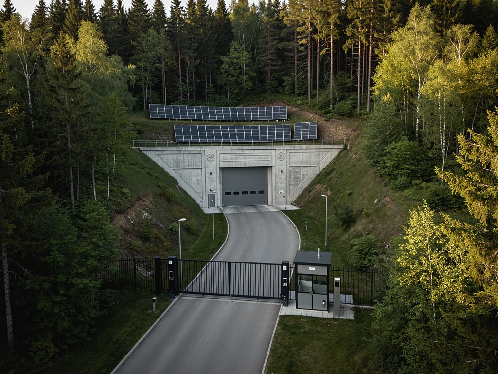 Luxury underground bunker entrance built into a forested hillside