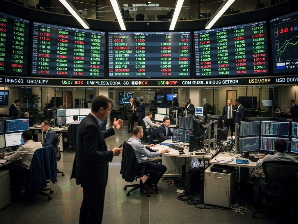 Currency trading floor with USD exchange rate screens