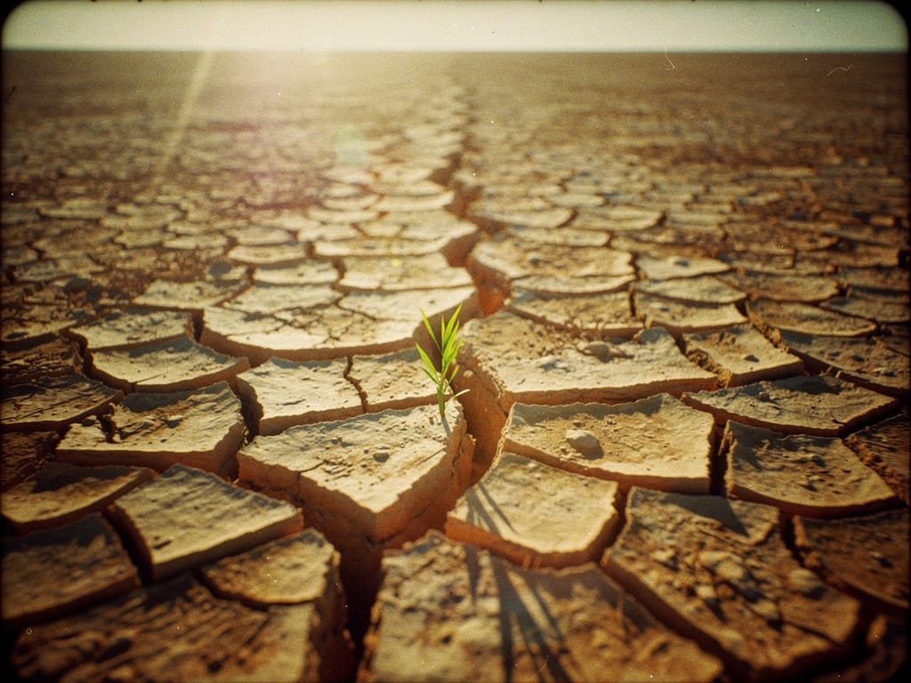 A single green plant growing in dry, cracked earth
