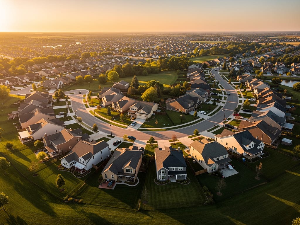 Aerial view of American suburban neighborhood at golden hour