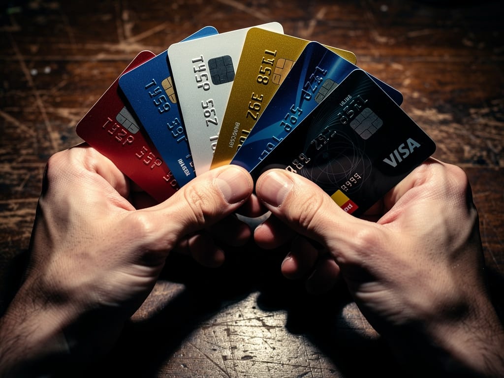 Person holding multiple credit cards over a wooden desk