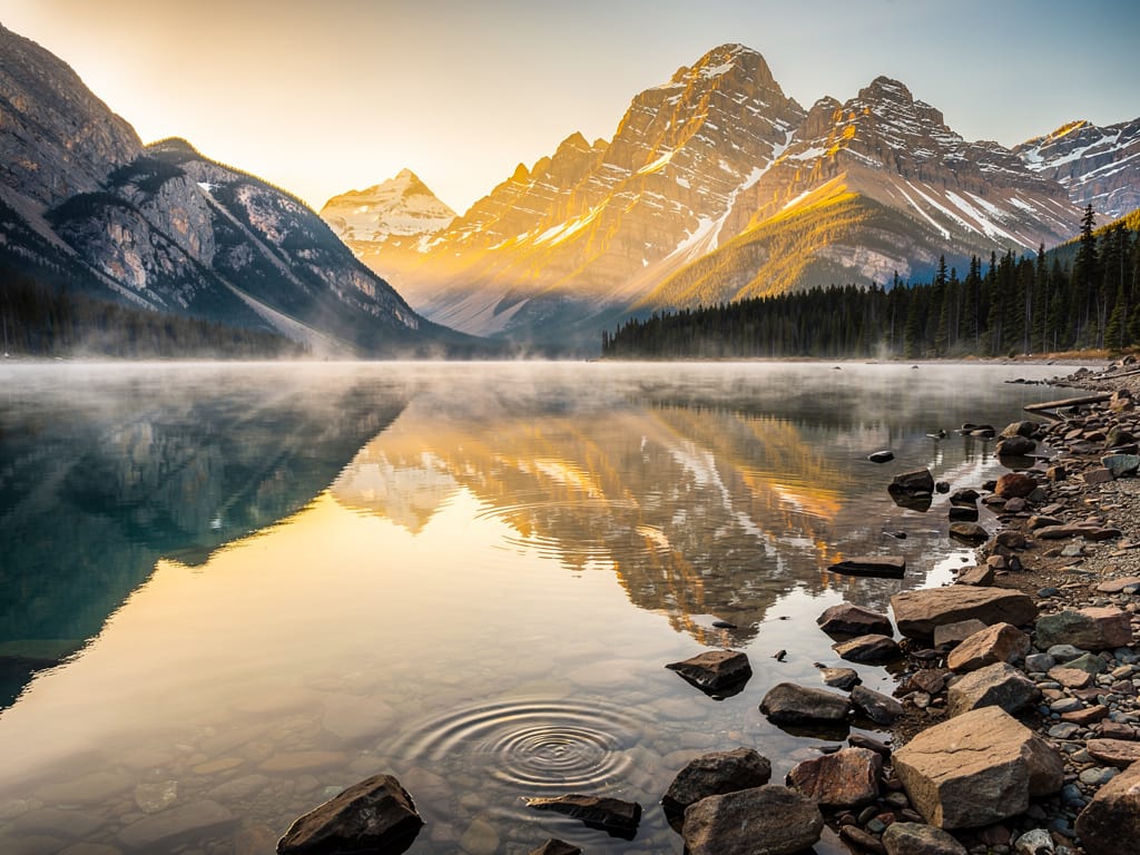 Mountain lake reflecting snow-capped peaks at golden hour