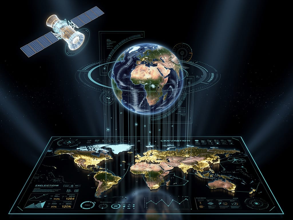 Satellite data streams flowing from orbit to a global economic map