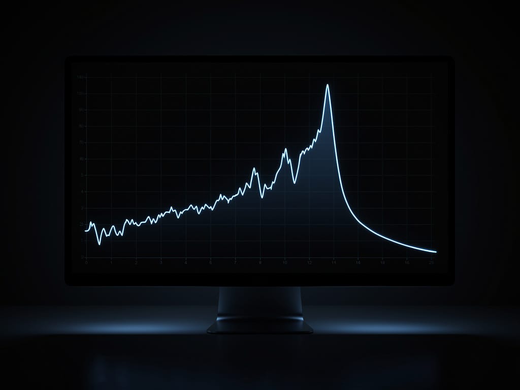 A glowing blue financial chart on a screen showing a market correction