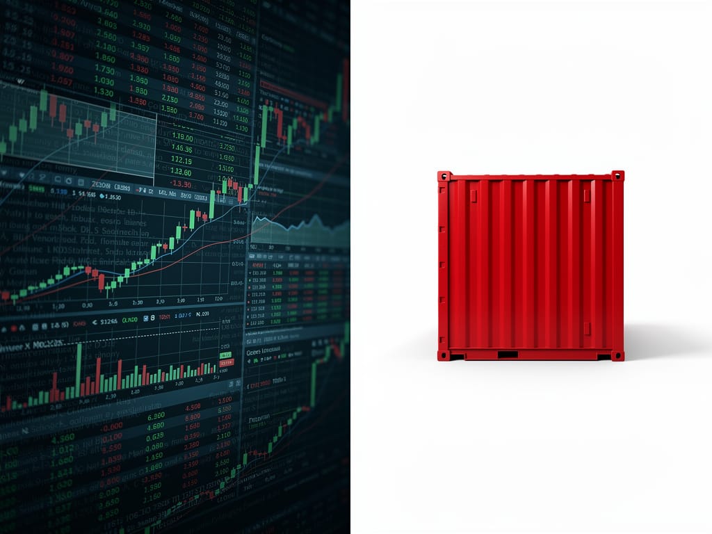 A conceptual image contrasting abstract financial data with a tangible shipping container.