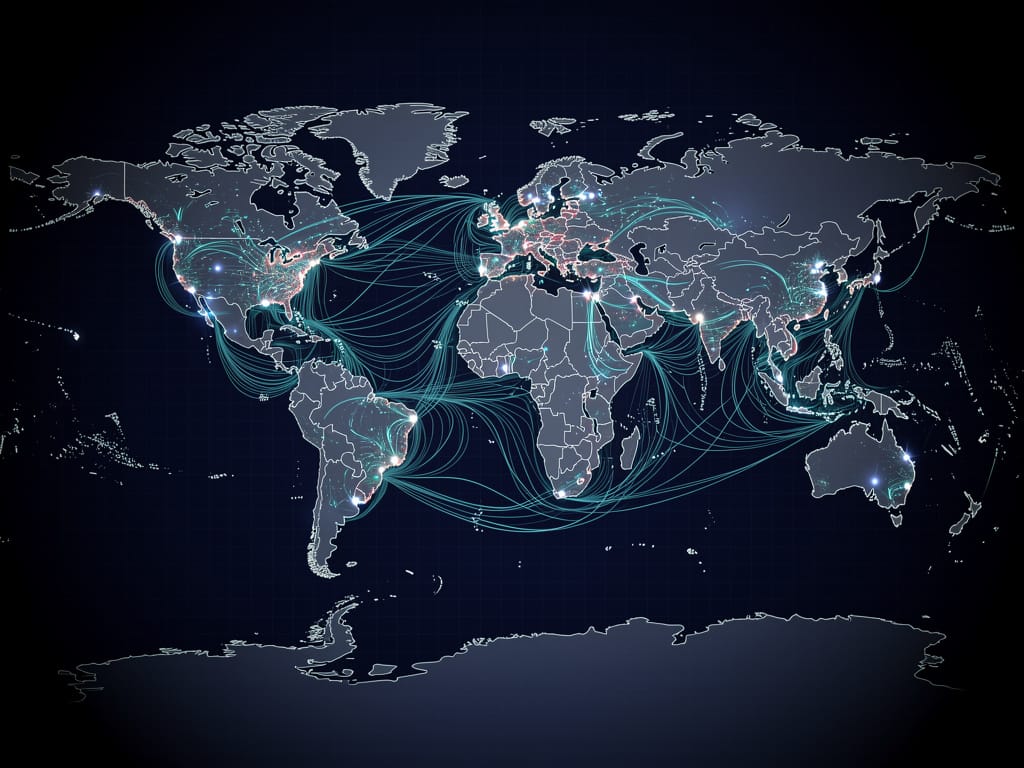 A map of the world showing the main global shipping routes as illuminated lines.