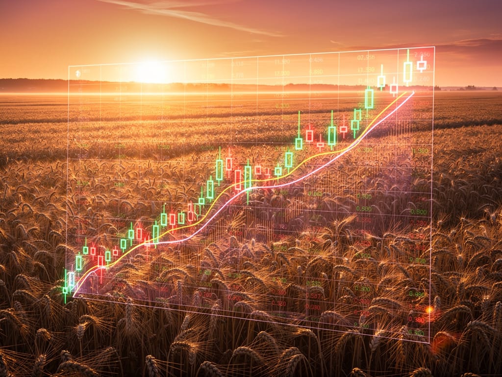 A stock market graph over a wheat field representing commodities trading
