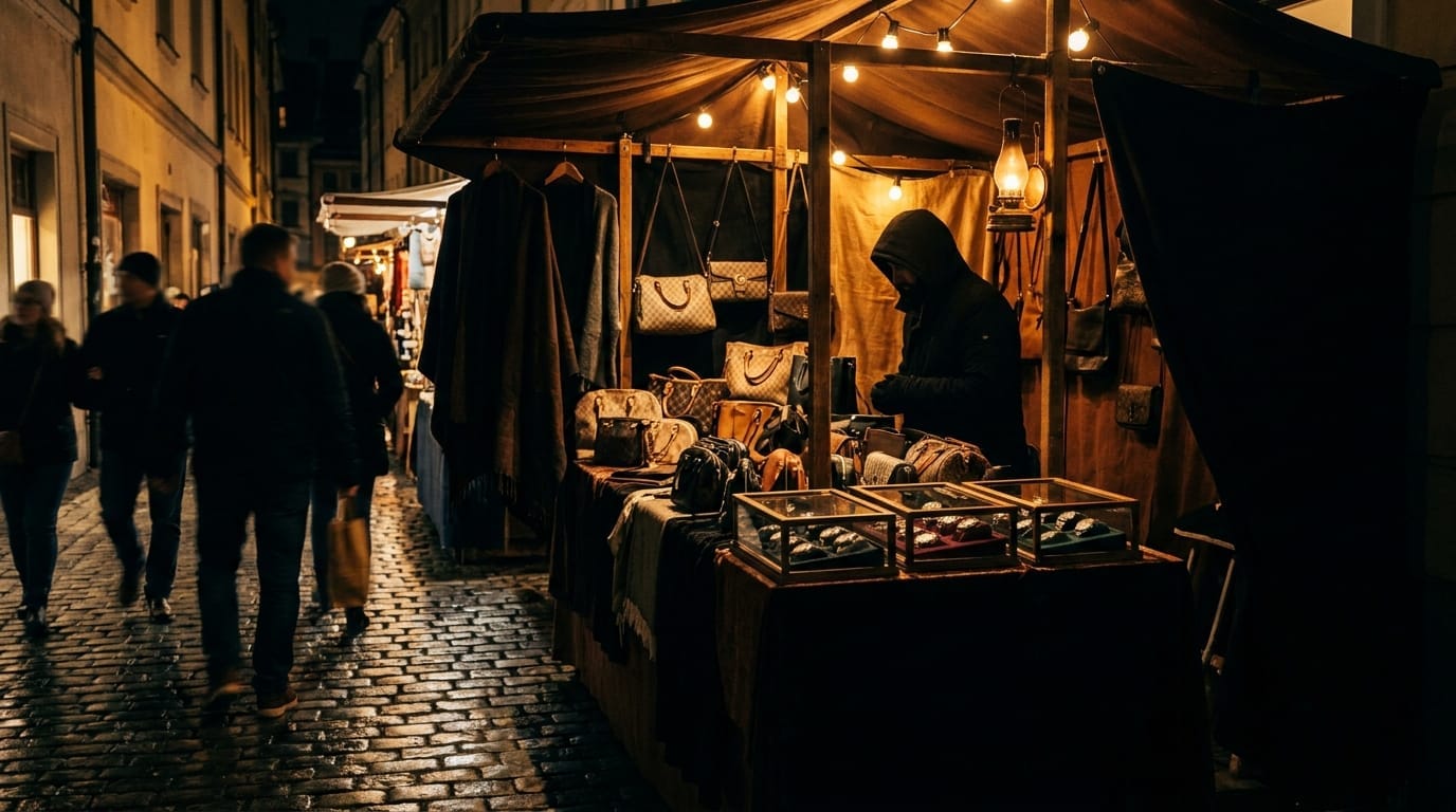 A nighttime market stall selling counterfeit luxury goods