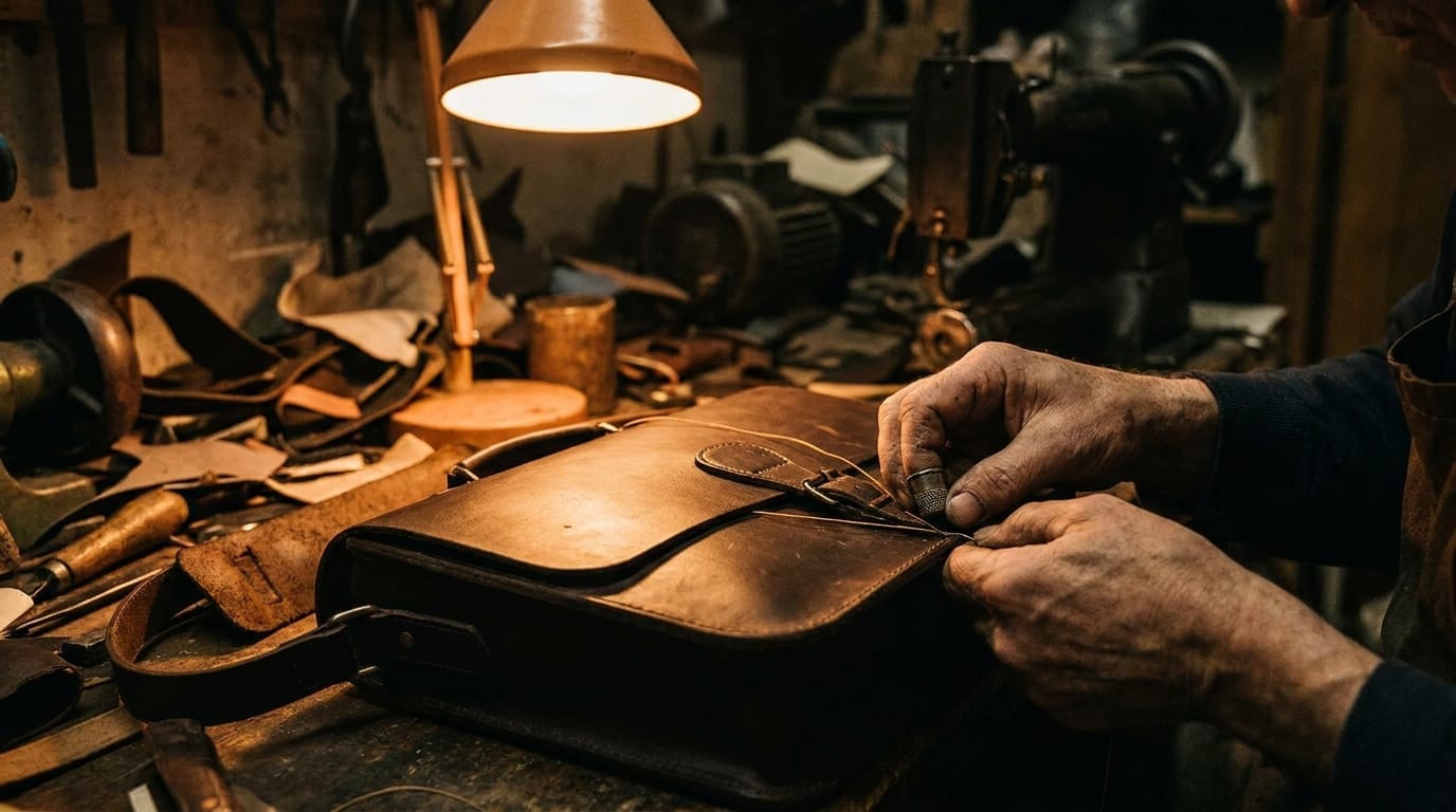 Hands stitching a counterfeit leather bag in a workshop
