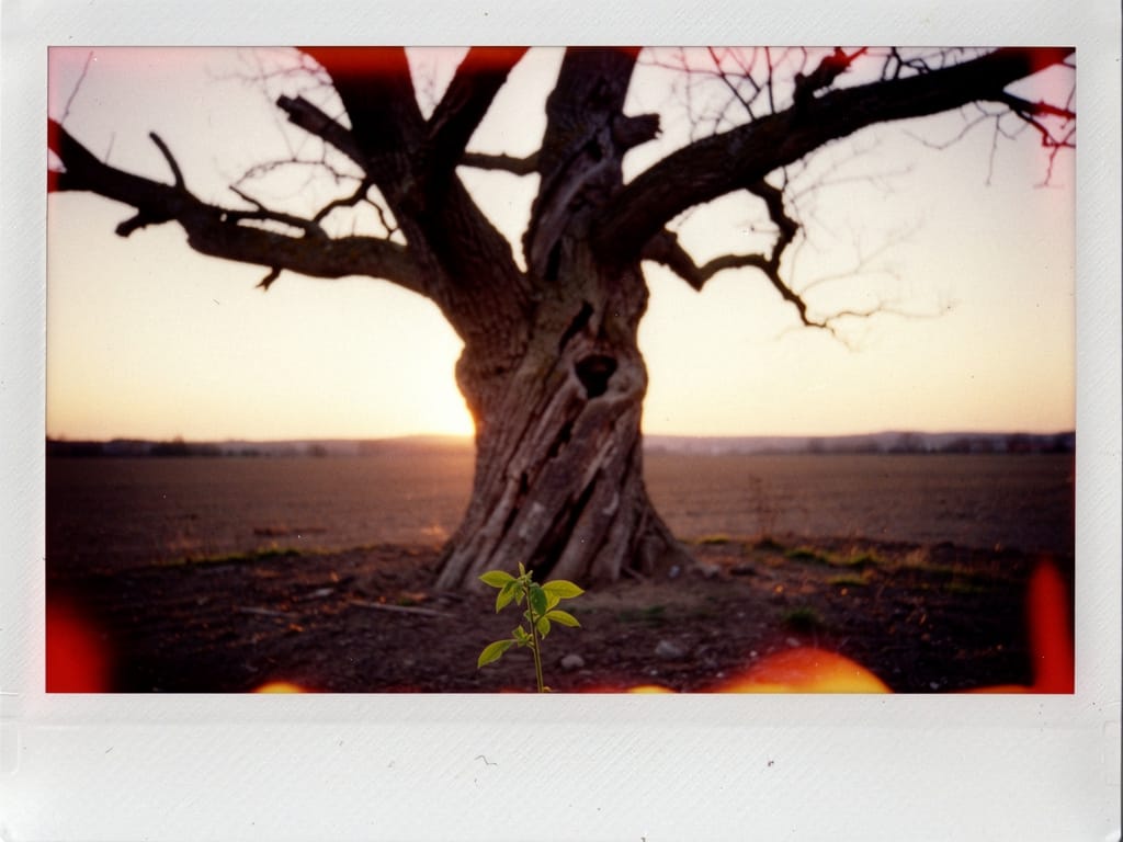 An old tree with a new green sprout growing from its base.