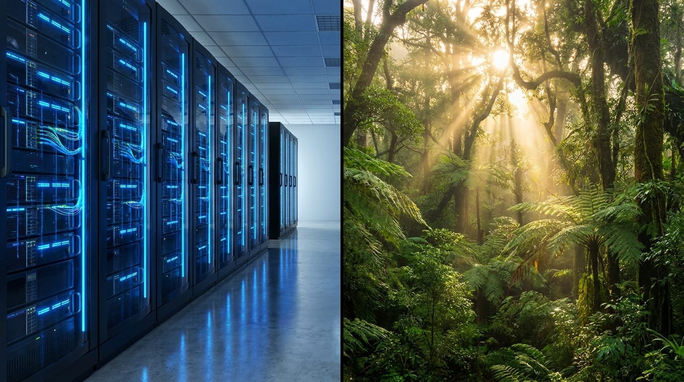A split image showing technology on one side and a rainforest on the other