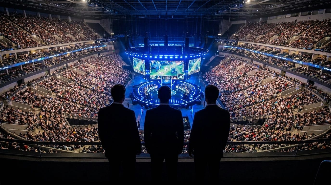 Business executives overlooking a massive eSports arena from a skybox.