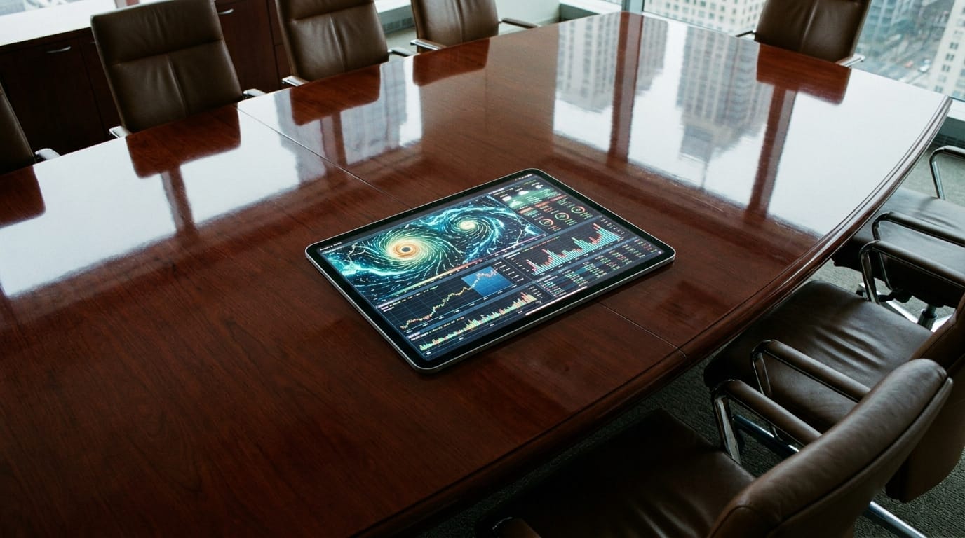 Tablet on a boardroom table showing weather and financial data