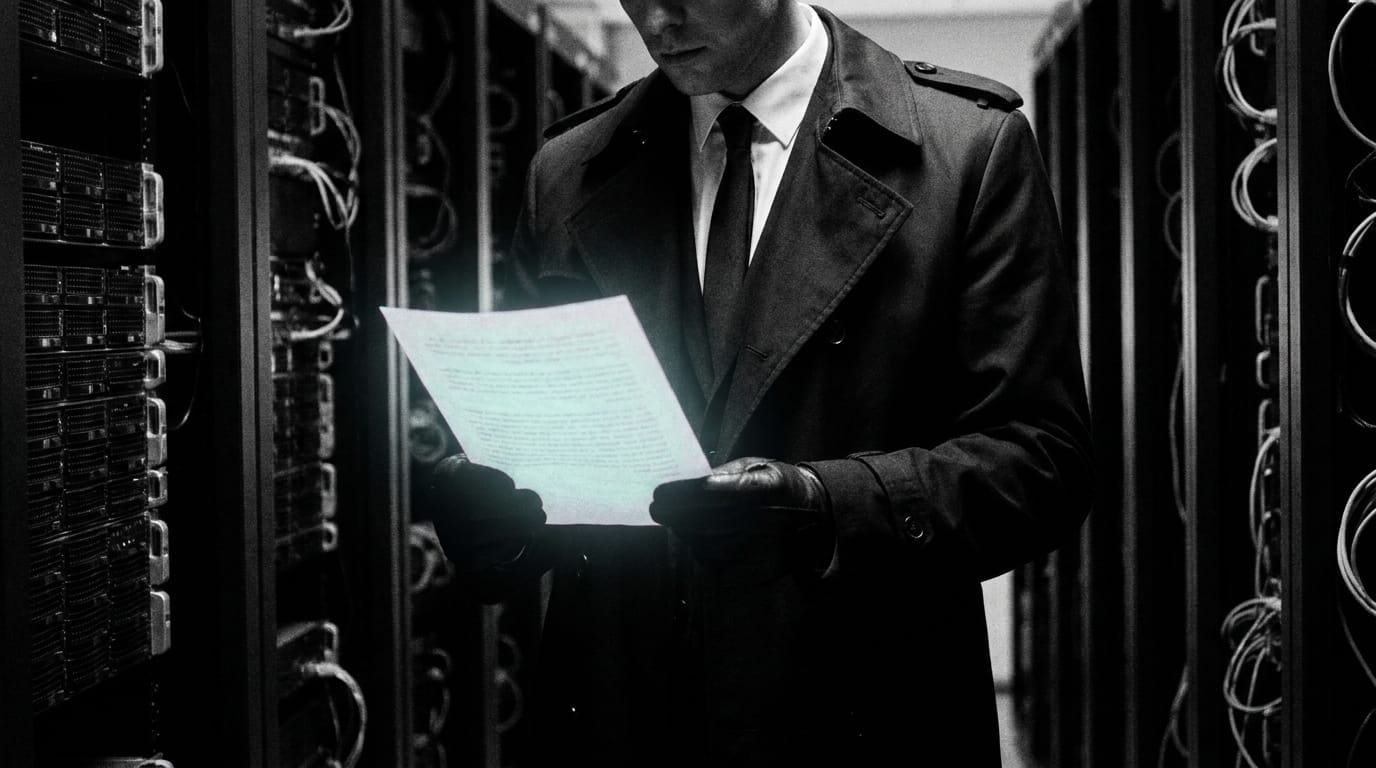 A shadowy figure holding a glowing patent document in a server room