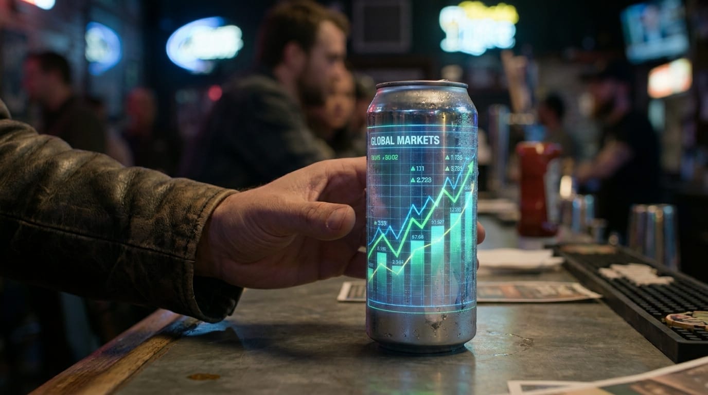 A hand reaching for a soda can with a stock chart label, representing product placement economics