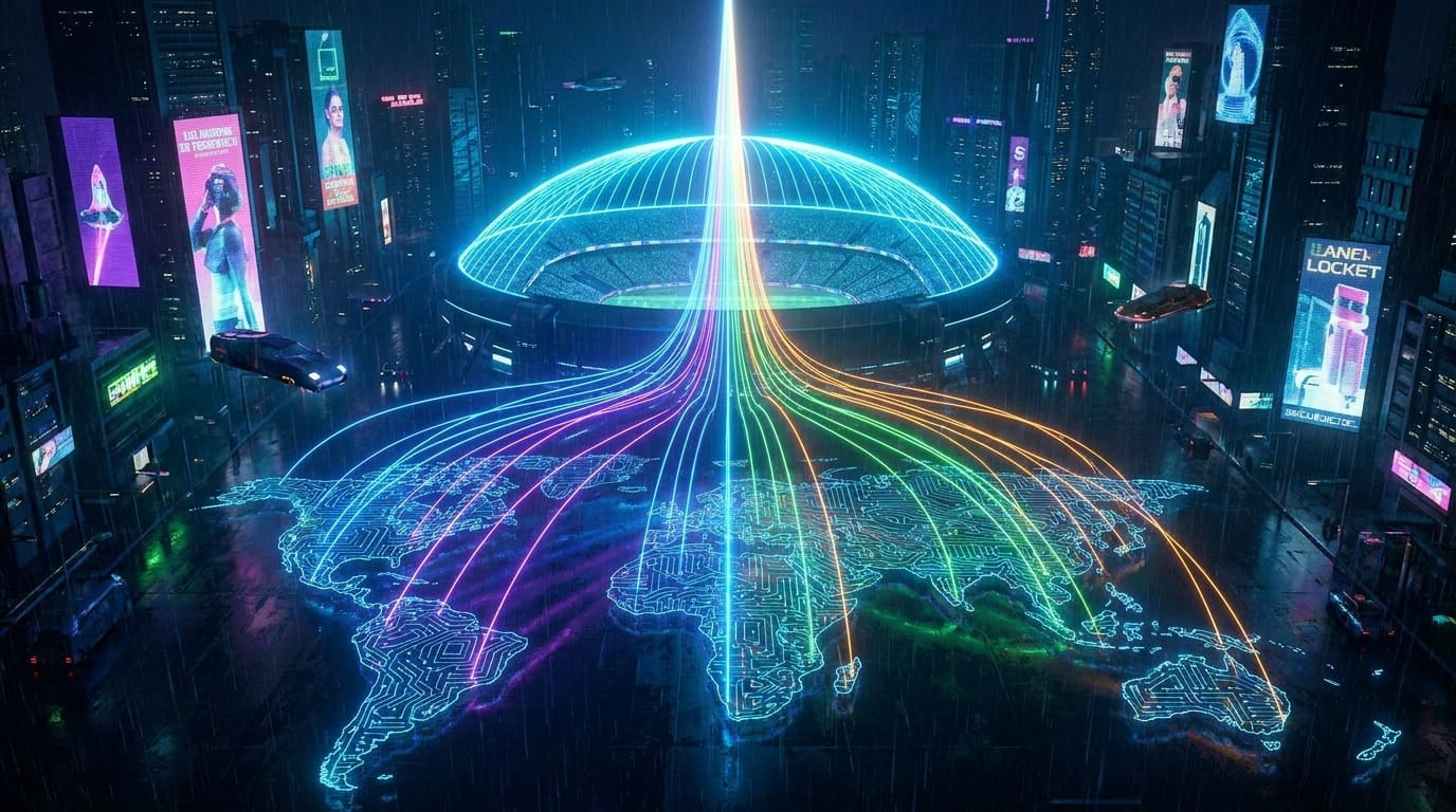 Abstract data streams converging on a sports stadium