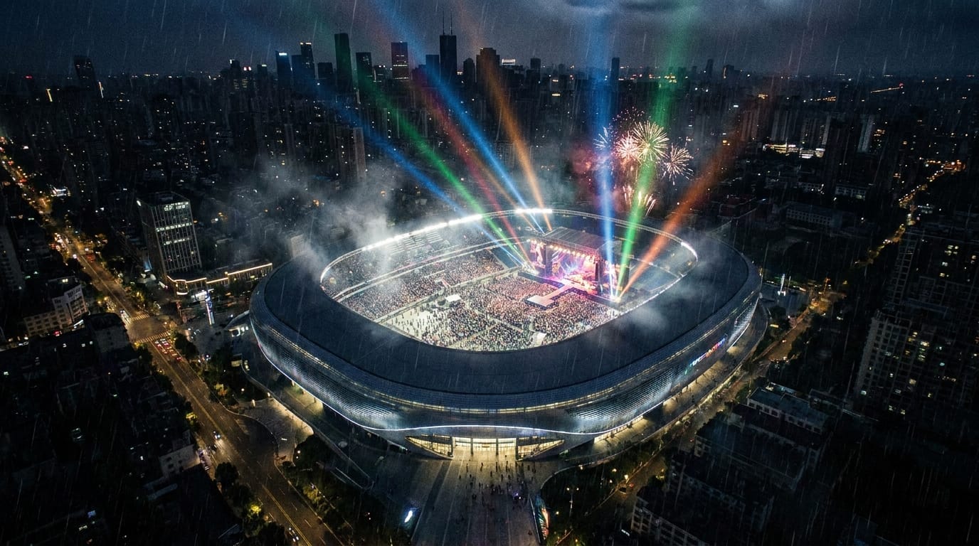 Aerial view of a stadium lit up for a concert at night