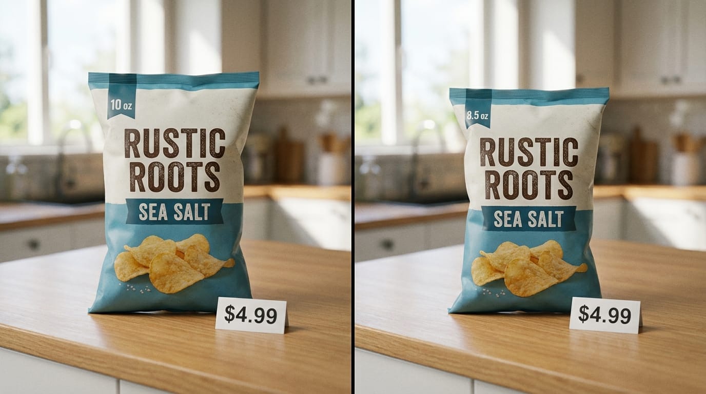 A split-screen image showing an older, fuller chip bag next to a newer, less full one to illustrate shrinkflation.