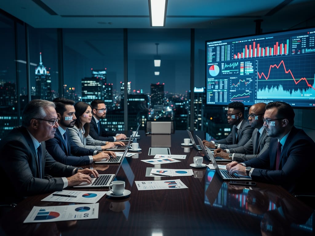 Corporate crisis management team reviewing financial data at night