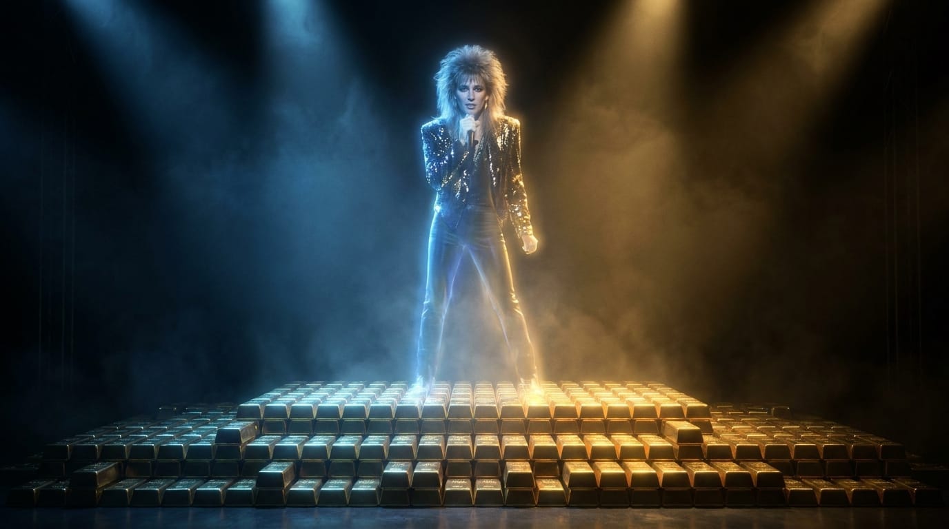 A ghostly pop star performing on a stage of gold bars