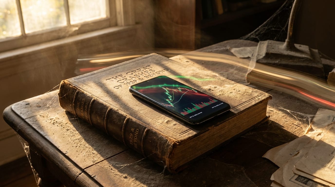A modern smartphone with a crypto chart on an old book about stock market crashes