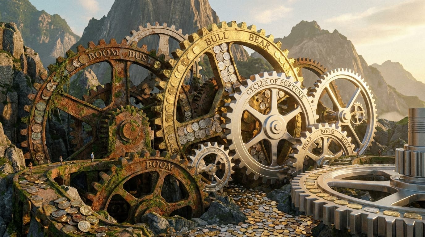 A massive clockwork machine with gears made of old and new coins representing market cycles